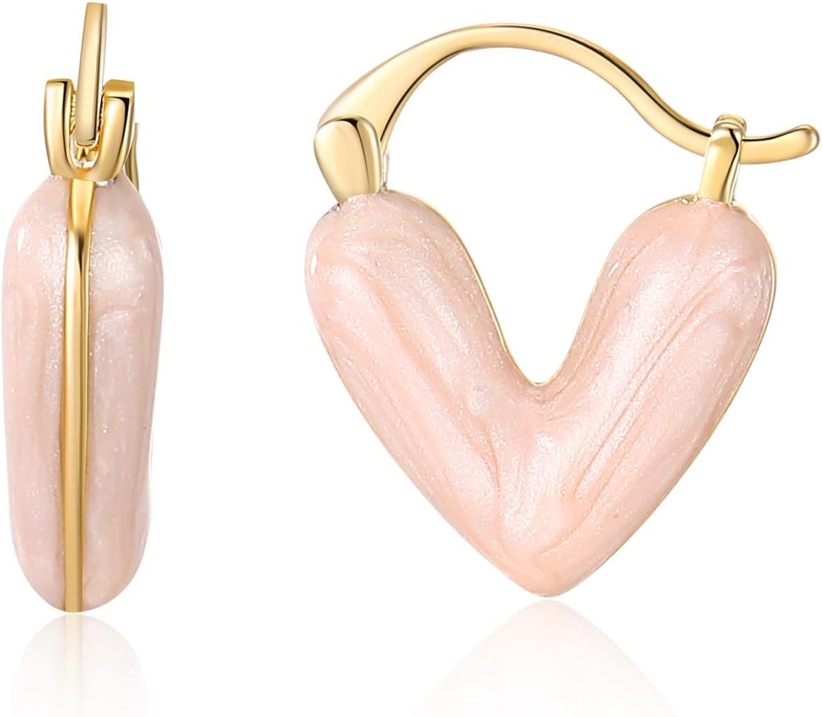 El Regalo 1Pair Love Heart Hoop Earrings- Small Oil Dripping Gold Plated Heart Earrings for Girls & Women Hoop (Pink)