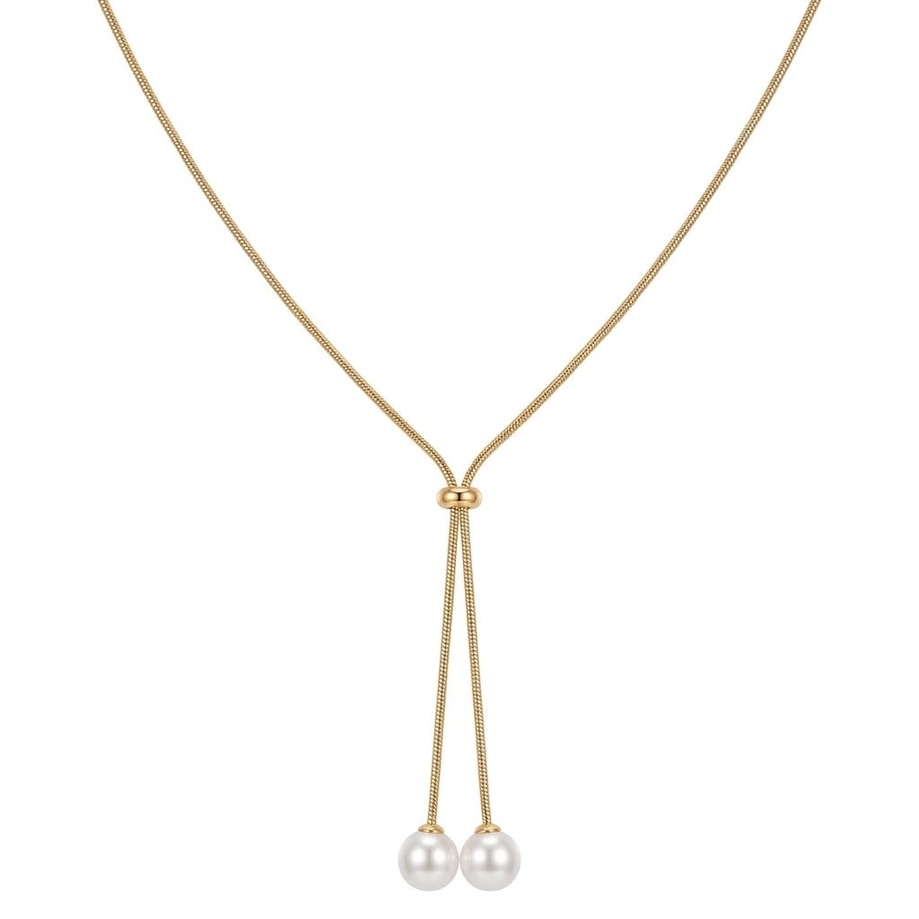 El Regalo Classy Slider Pearl Tie Necklace for Girls & Women- Elegant Drawstring Imitation Pearl Pendant Adjustable Y-Shaped Chain Necklace (Gold)