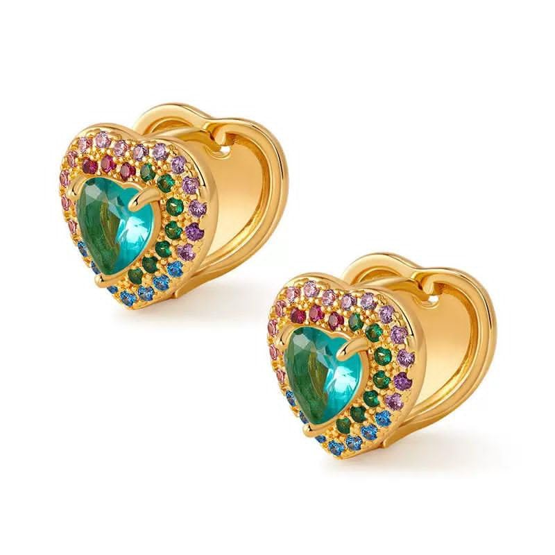 El Regalo 18K Gold Plated Heart Hoop Earrings for Women & Girls | Luxury Colorful Zircon Crystals Heart Hoops | Trendy Hoops Earrings (Emerald Green)