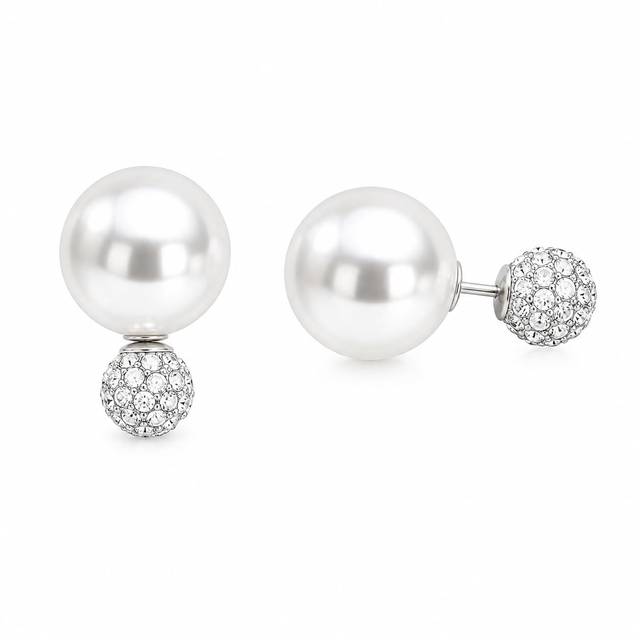 El Regalo's Double Sided 2 Ways Disco Ball Pearl Stud Earrings for Women | Reversible Front Back Ball Earrings | Crystal Rhinestone Back | Fashion Jewelry for Girls (White Pearl)