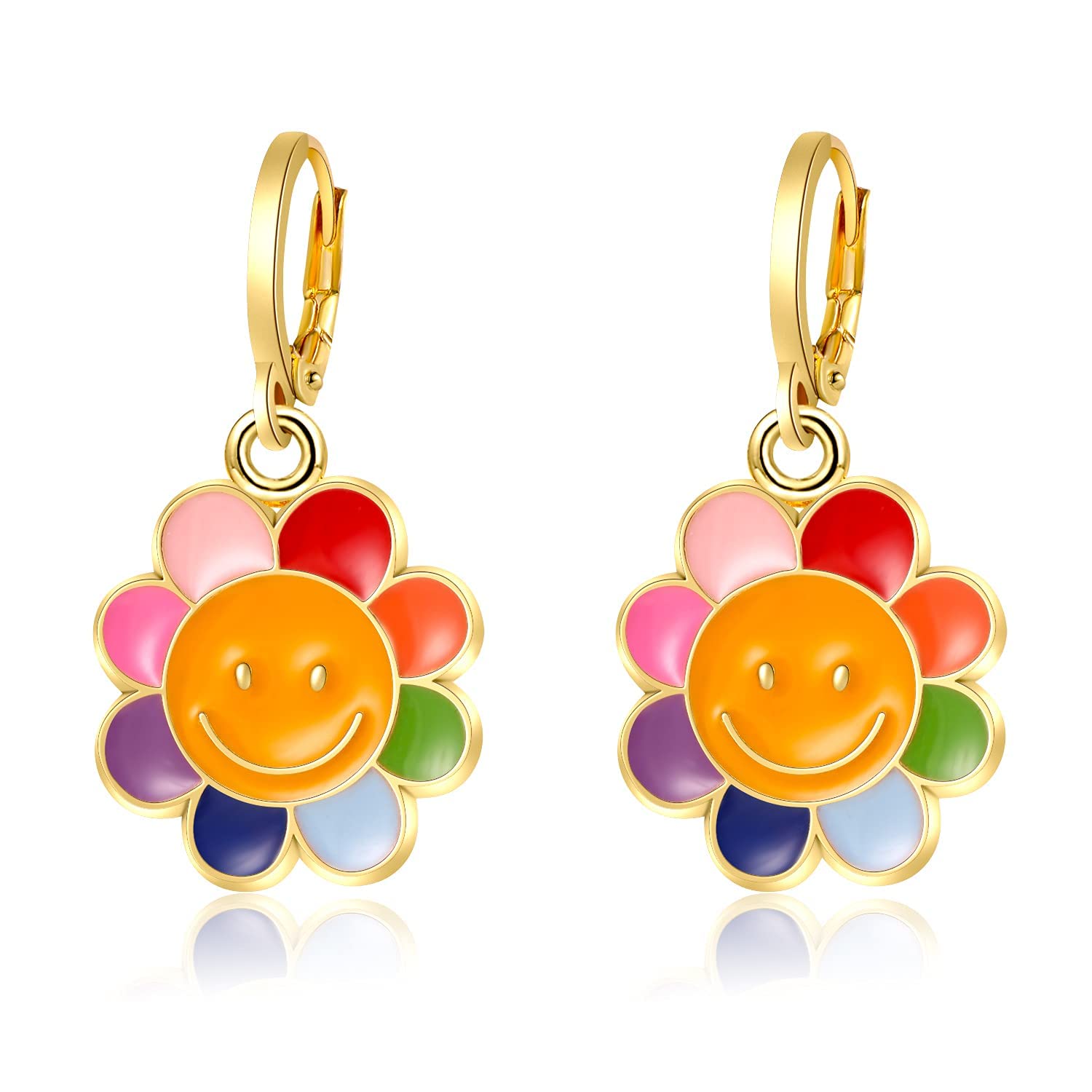 El Regalo 1 Pair Enamel Flowers, Rainbow Cloud, Heart Hypoallergenic Dangle Hoop Earrings for Girls/Teens/Women (Sunflower Earrings)
