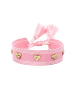 El Regalo Bohemian Style Heart Charm Rivet Tassel Unisex Bracelet | Handcrafted Woven Rope Bracelet with Golden Heart Charms and Adjustable Knot Closure (Pink)