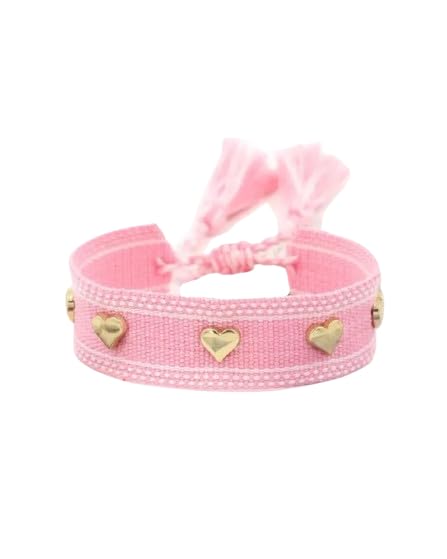 El Regalo Bohemian Style Heart Charm Rivet Tassel Unisex Bracelet | Handcrafted Woven Rope Bracelet with Golden Heart Charms and Adjustable Knot Closure (Pink)