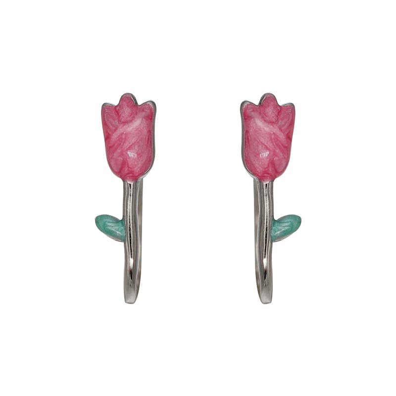 El Regalo Cute Tiny Pink Tulip Flower Bud Earrings for Girls & Women- Enameled Tulip Crawler Climber Earrings