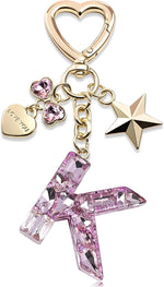 El Regalo Personalized Glitter Initial Letter Keychain for Girls & Women - Cute Pink Resin Alphabet Keyring with Heart & Star Charms - Fancy Luxury Bag Accessory & Birthday Gift (Letter K)