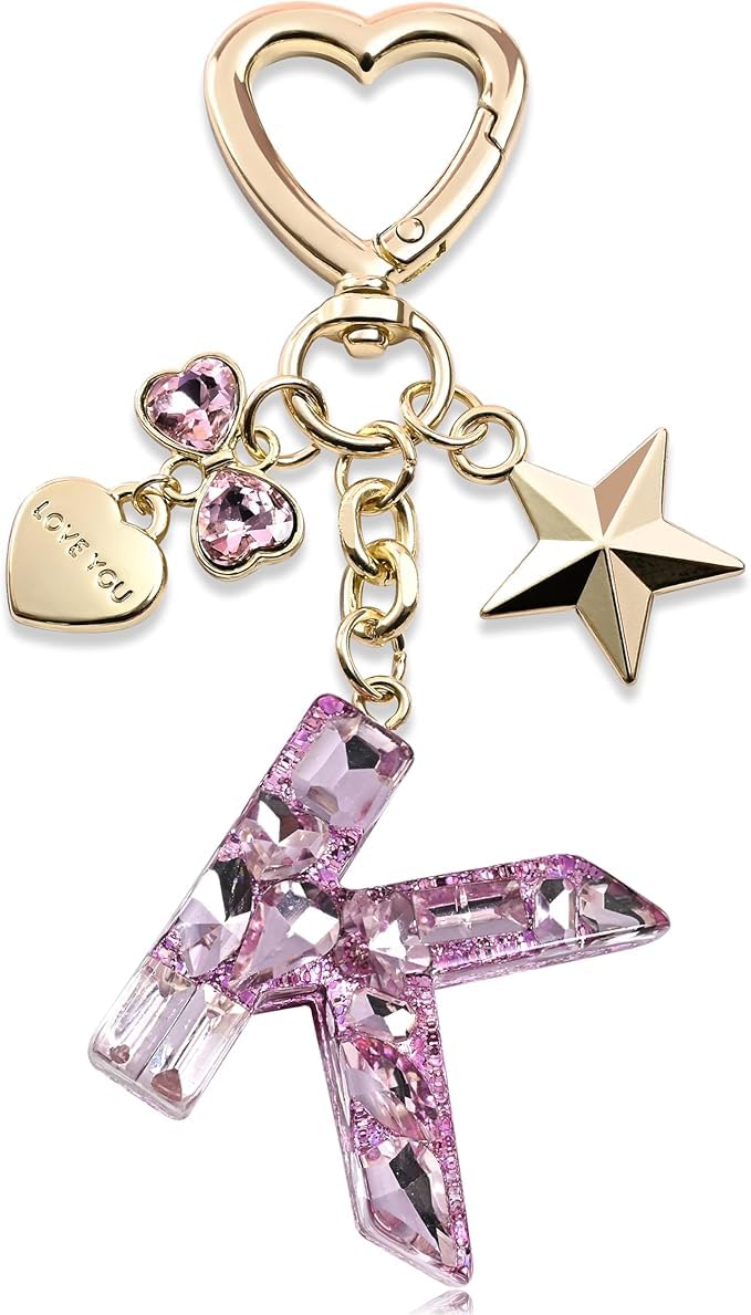 El Regalo Personalized Glitter Initial Letter Keychain for Girls & Women - Cute Pink Resin Alphabet Keyring with Heart & Star Charms - Fancy Luxury Bag Accessory & Birthday Gift (Letter K)