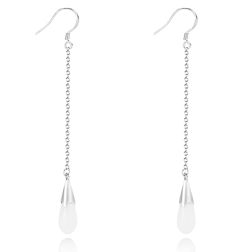 El Regalo Long Opal Liner Droplet Chain Dangle Threader Hook Earrings for Women - Silver Plated, Minimalist Tassel Design, Elegant Earrings (Natural White)