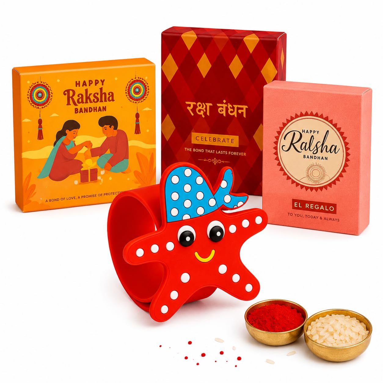 El Regalo Cute Slap Band Bracelet Rakhi for Kids Boys & Little Brother | Fun Quirky Silicone Slap Wristband Rakhi for Toddlers & Children with Roli Chawal Pack and Gift Box (Star Fish)