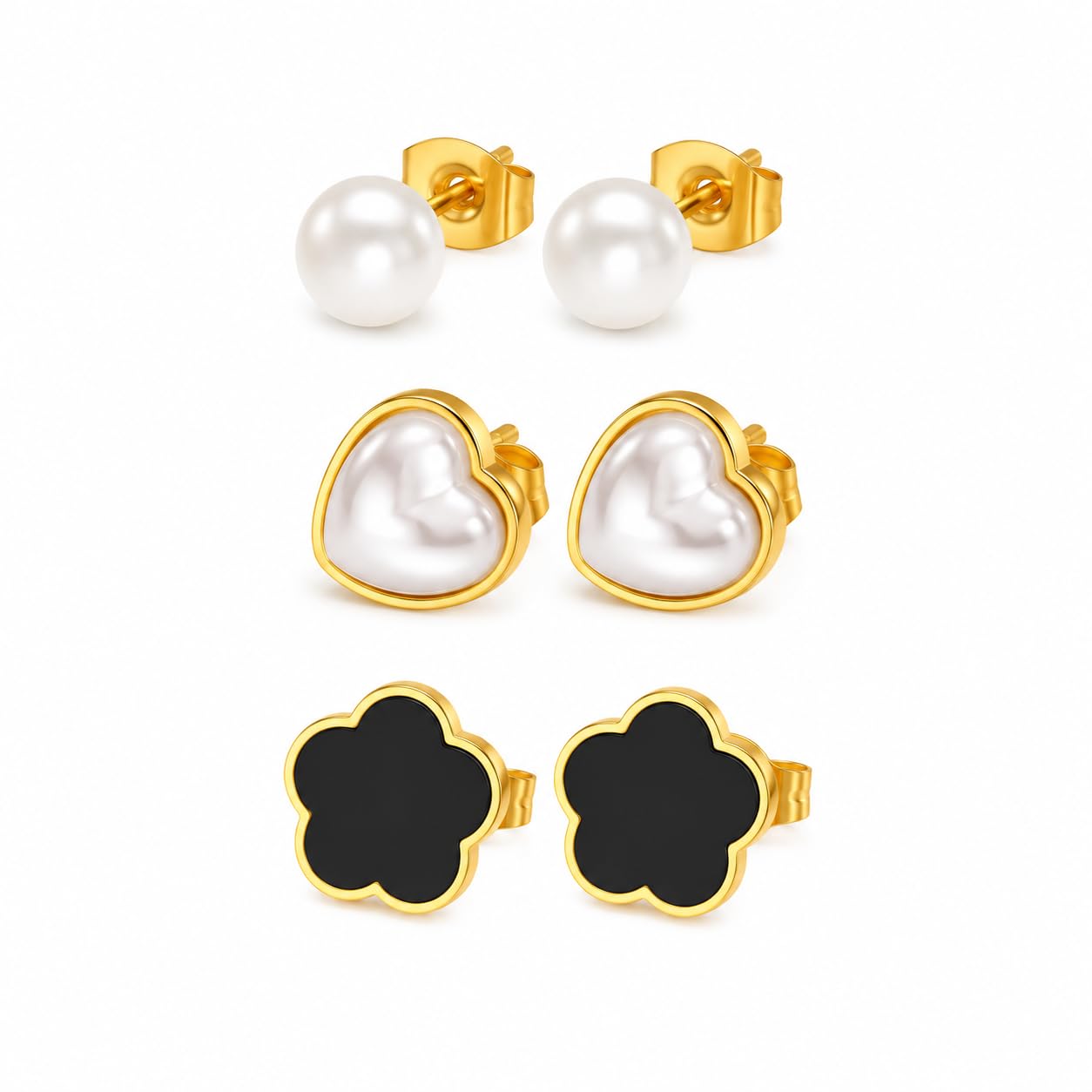 El Regalo Stainless Steel Stud Earrings Combo for Women & Girls | 18K Gold Plated Anti-Tarnish Cute Pearl, Black Flower, & Heart Western Earrings Set | Elegant Daily Wear Aesthetic Jewelry (Set of 3 Pairs)