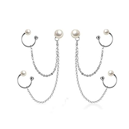 El Regalo Women's 1 Pair Pearl Studs Ear Cuff Earrings- Tassel Chain Imitation Pearl Punk Style Ear Cuff Clip Earrings
