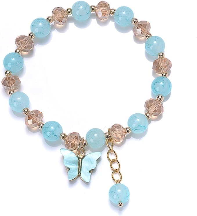 El Regalo 1 PC Butterfly Sparkly Crystal Beads Tassel Bracelet With Cute Enamel Butterfly Charms for Girls/Teens/Women (Blue)