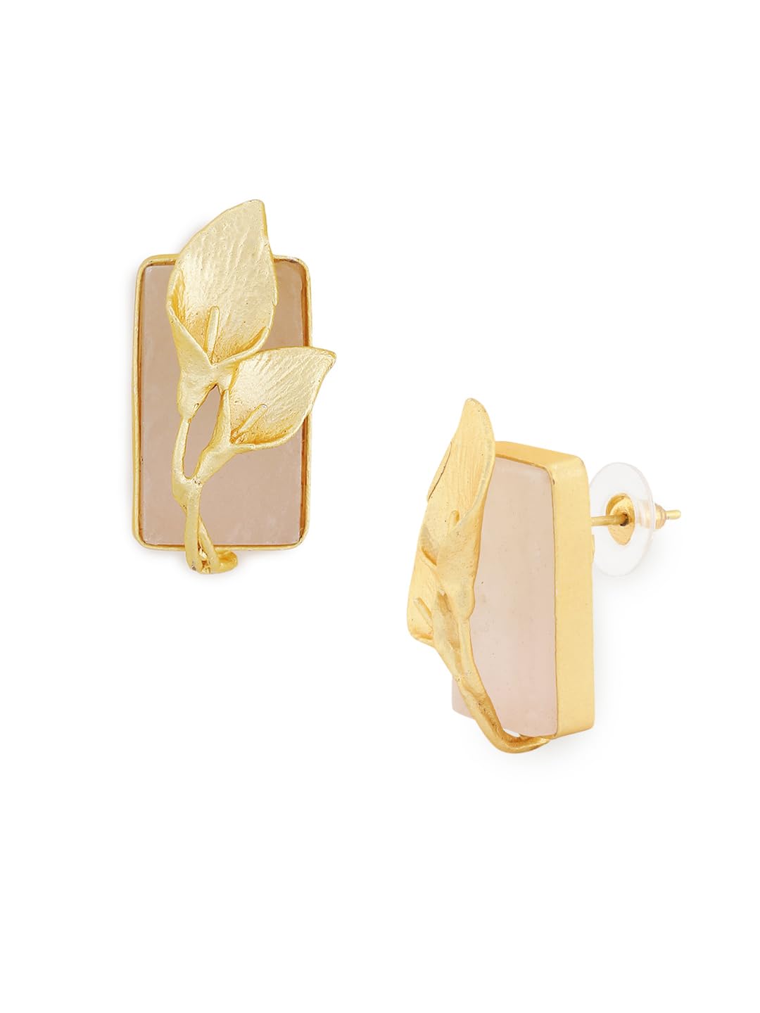 El Regalo Fancy Leaf Raw Stones Stud Brass Contemporary Earrings - Gold Plated Matte Finish Stone Studs for Girls and Women (Pale Pink)