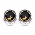 El Regalo Big Antique Oxidised Vintage Stud Earrings for Women and Girls | Boho Ethnic Statement Dual Tone Ear Tops with 3D Gold Deer Motif & Hanging Pearl Drops | Premium Traditional Festive Gift Jewelry (Black)