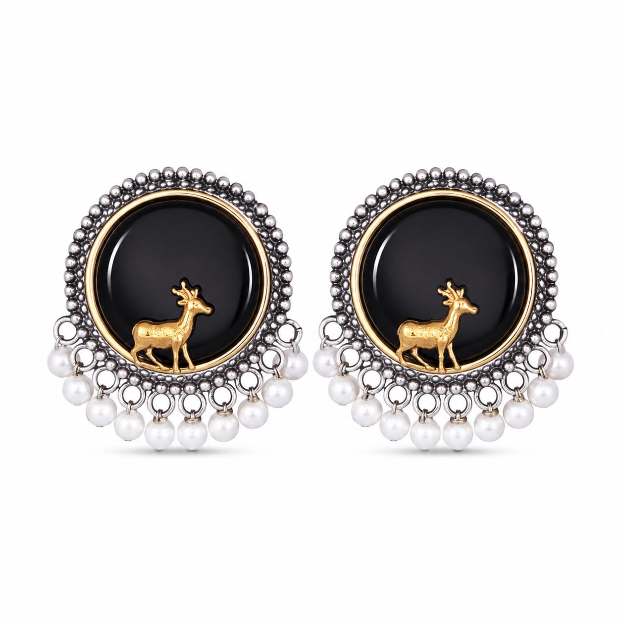 El Regalo Big Antique Oxidised Vintage Stud Earrings for Women and Girls | Boho Ethnic Statement Dual Tone Ear Tops with 3D Gold Deer Motif & Hanging Pearl Drops | Premium Traditional Festive Gift Jewelry (Black)