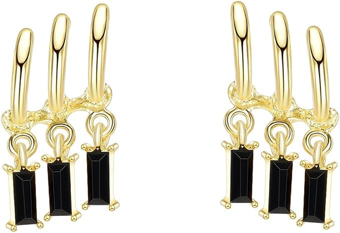 El Regalo Women's & Girl's Western Triple Ear Crawler Earrings- Triple Dangling Baguette Stone Earring- Exquisite Zircon Multilayer Earrings (Golden Black)
