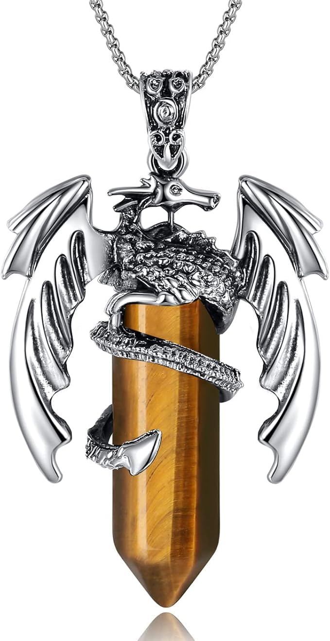 El Regalo Goth Gothic Viking Dragon Crystal Pendant Necklace for Men & Boys | Dragon Wing Necklace | Punk Biker Fantasy Statement Jewelry (Brown)