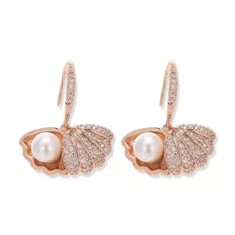 El Regalo Pearl Shell-Shaped Earrings - Fashionable Cute Inlaid Cubic Zirconia Pearls Shell Hook Earrings for Girls & Women, Elegant Sea-Inspired Design