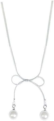 El Regalo Stainless Steel Bow Tie Pearl Necklace- Anti Tarnish, Waterproof, Minimalist, Statement Bow Choker Ribbon Necklace for Girls & Women (Bow Tie Pearl Tassel)