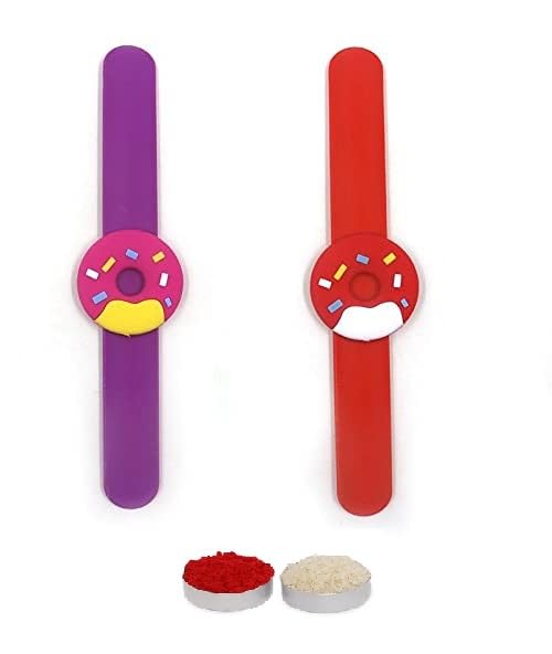 El Regalo 2 PCs Cute & Fun Kids Donut Rakhi - Silicone Donut Snap Clap Wristband Bracelet Rakhi for Brother/Sister/Niece/Nephew with Roli Chawal, Rakhi Card in Rakhi Gift Box (Option 3)