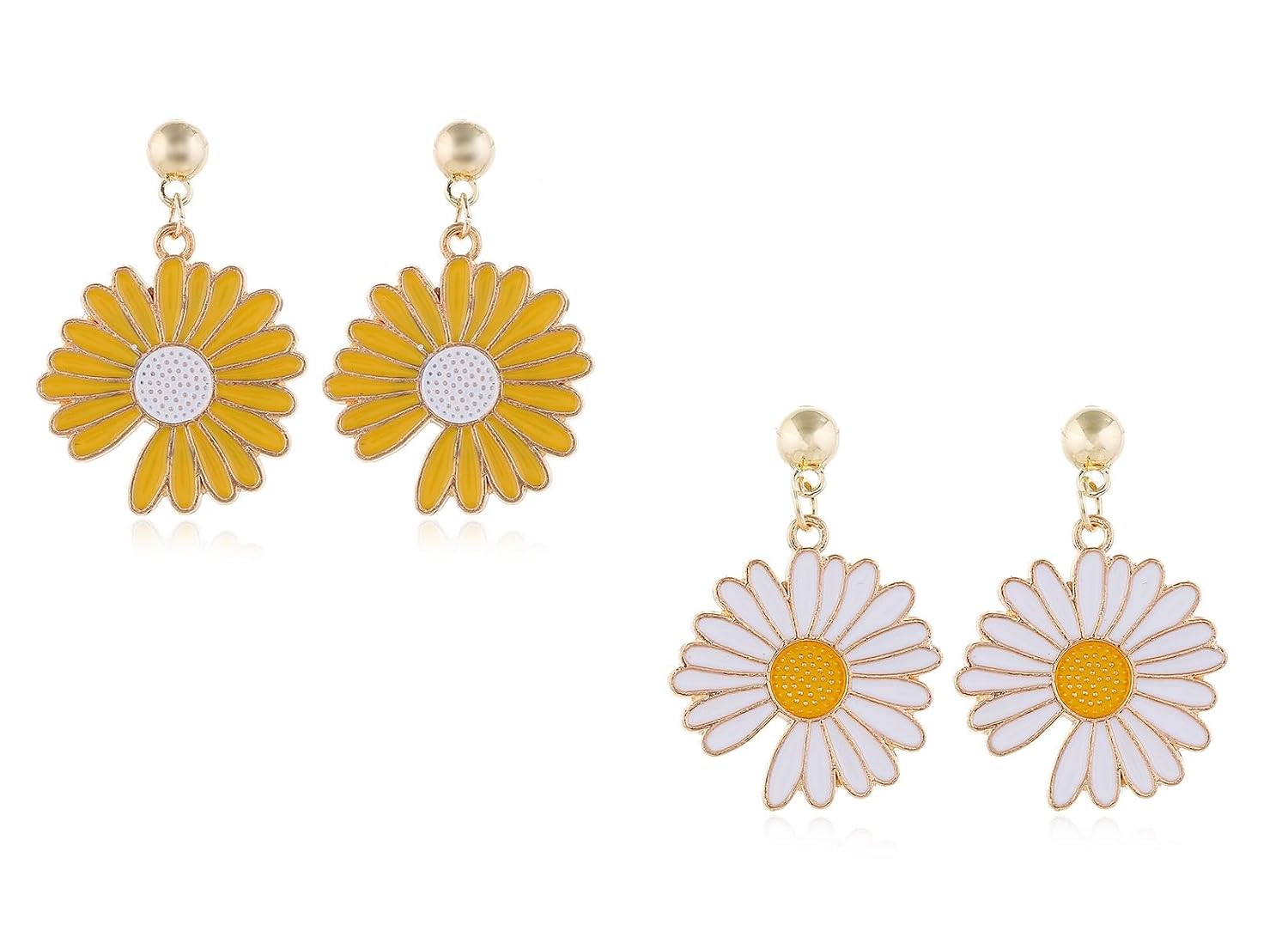 El Regalo 2 Pairs Daisy Flower Earrings for Girls & Women- Cute Yellow & White Flower/Floral Earrings