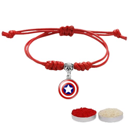 El Regalo 1PC Superhero Kids Rakhi- Fun Kids Bracelet Rakhi with Roli Chawal, Rakhi Message Card in Rakhi Gift Box for Little Bro/Sister/Niece or Nephew (Captain America Red Rakhi)