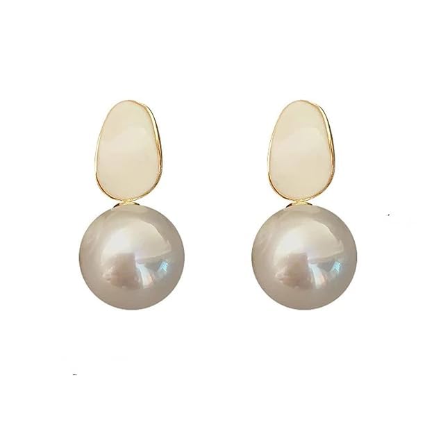 EL Regalo 1 Pair Glossy Pearl Stud Earrings for Girls & Women- Pearl Statement Earrings (White)
