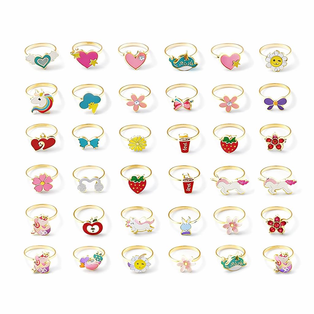 El Regalo 36 Pcs Adjustable Enamel Kids Rings - Unicorn, Rainbow, Strawberry, Flowers & More | No-Duplicate Dress-Up Jewelry Box for 4-12 Year Old Girls - Birthday, Christmas, Valentines