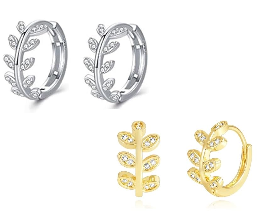 El Regalo Stainless Steel Tiny & Cute Leaves Hoop Earrings for Kids/Girls/Women- Anti-Tarnish/Waterproof Leaves Pattern Small Hoop Earrings (Gold & Silver)