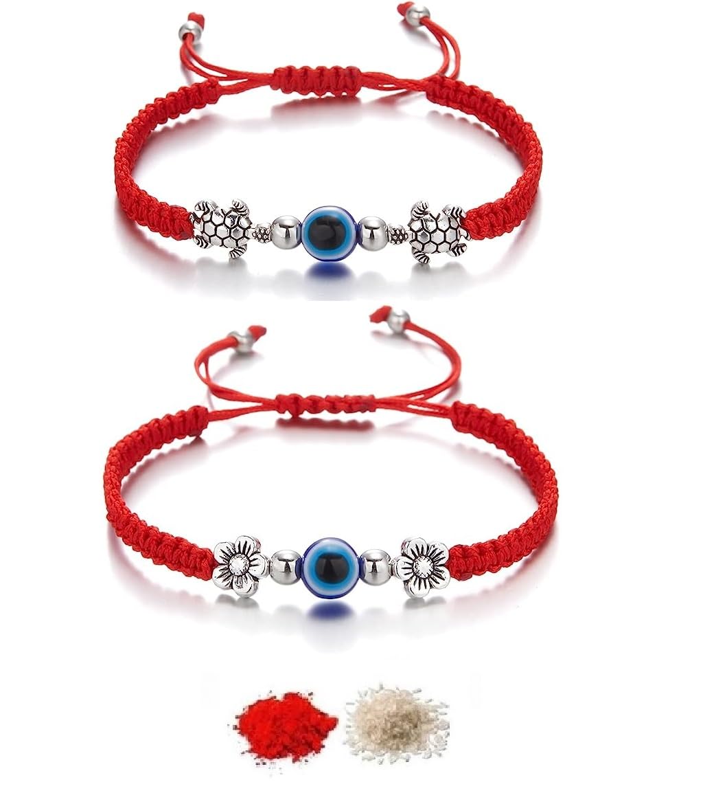 El Regalo 2PCs Evil Eye Rakhi Combo Set for Bhai-Bhabhi or Bhai-Bhatija/Bhatiji- Eye Rakhis Set with Roli Chanwal, Rakhi Card in Rakhi Gift Box (Option-1)