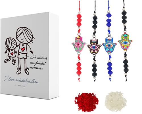 El Regalo Set of 4 Hamsa Hand Rakhi for bhaiya Bhabhi - Hand Painted Hamsa Hand Rakhi for Brother Bhai Bhabhi Bhaiya - Hamsa Nazar Amulet Thread Rakhis for Kids and Adults Unisex (Option2)