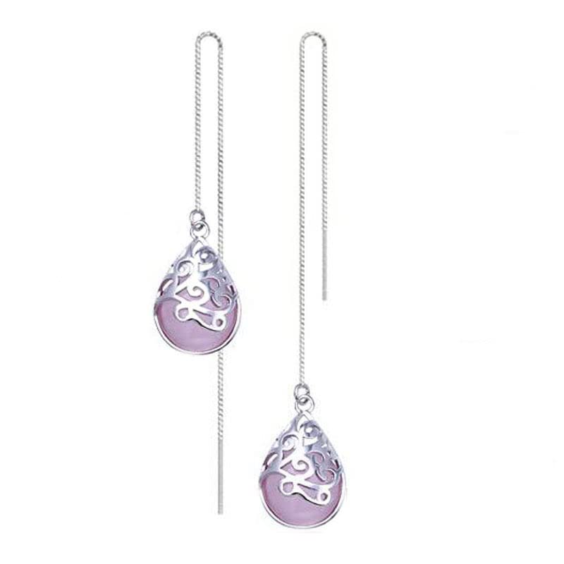 El Regalo Modern Opal Cat's Eye Drop Threader Earrings for Girls & Women - Perfect Valentines Day Gift for Her (Pink Threader)