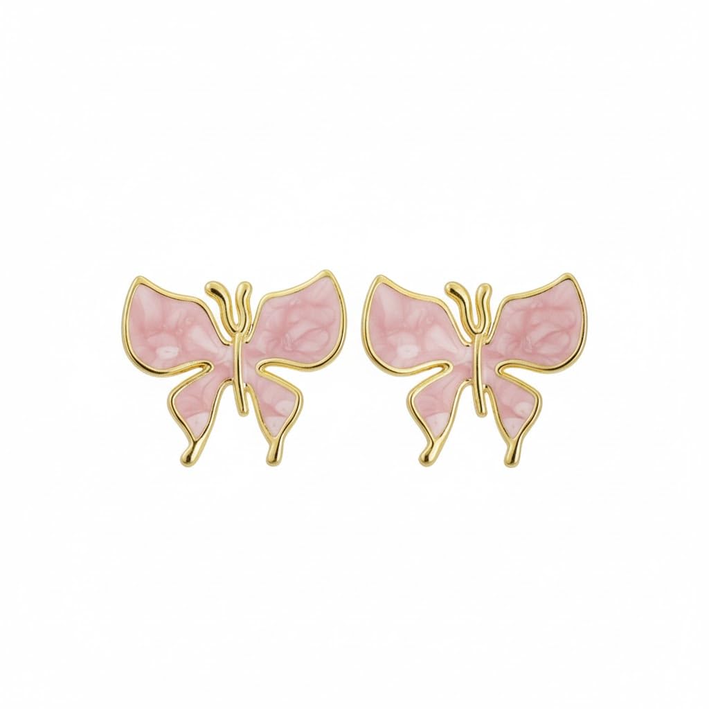 El Regalo 1Pair Stainless Steel Anti-Tarnish Pink Enamel Earrings for Girls & Women | Trendy & Cute Leaf, Bow, Ribbon, Strawberry & Butterfly Stud Earrings (Butterfly Stud)