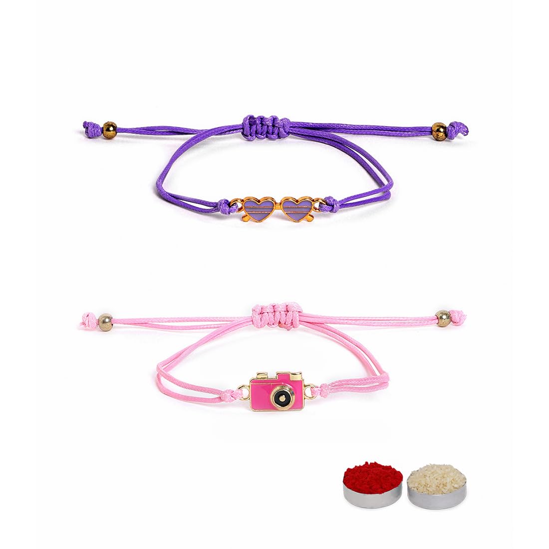 El Regalo 2PCs Cute Kids Bracelet Rakhi Combo Sets- Fancy Kids Rakhi for Brother/Sister with Roli Chwal, Rakhi Message Card in Rakhi Box for Babies/Toddlers/Kids (Camera & Heart Goggle Rakhi)