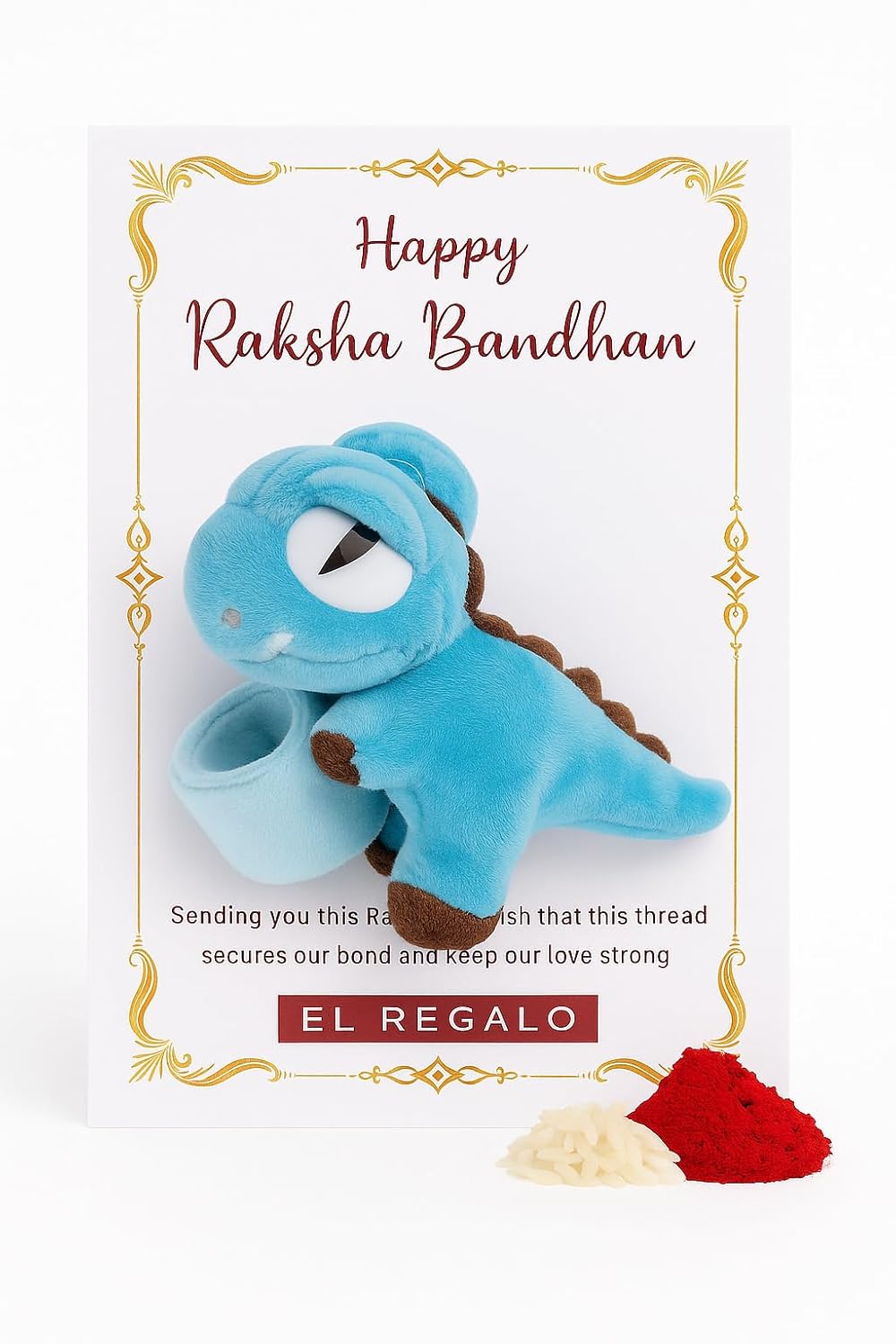 El Regalo Kids Rakhi - Cute Animal Plush Slap Band Rakhi for Boys & Girls | Panda, Shark, Dinosaur & More with Roli Chawal & Rakshabandhan Card | Fun Cartoon Soft Slap Bands for Children (Blue Dinosaur)