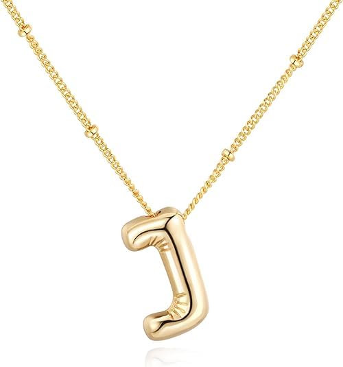 El Regalo Stainless Steel Bubble Letter- Balloon Initial Necklaces for Women Girls/Dainty Alphabet Pendant 14K Gold Plated Puffy Name Personalized Jewelry Gift (J Gold)