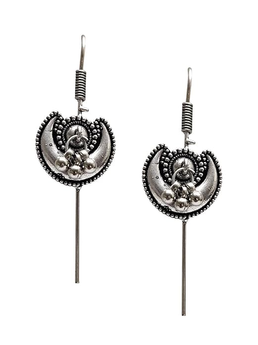 El Regalo Oxidized German Silver Needle Ear Wrap Earrings- Quirky Fashions Pin Bugadi Earrings (Crescent Moon with Ghungroo)
