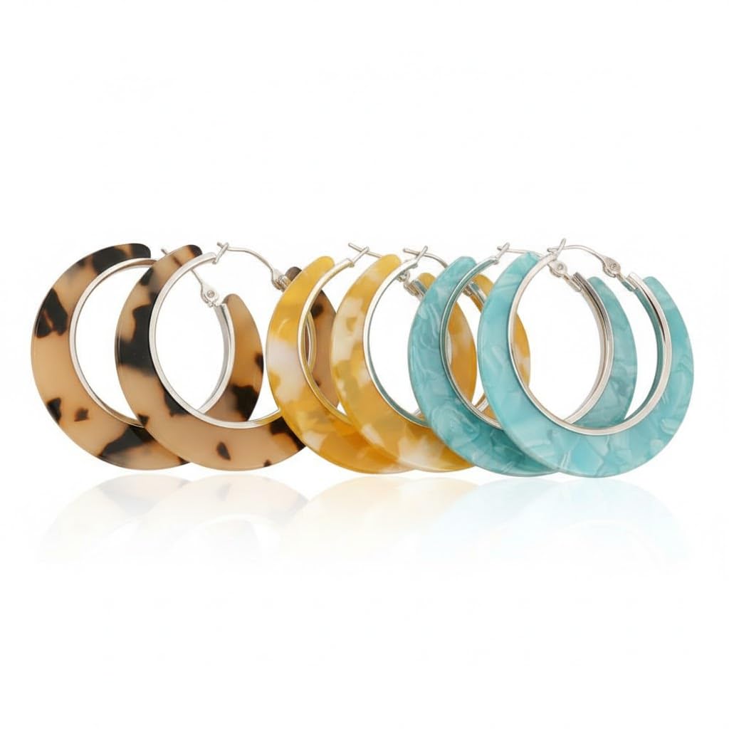 El Regalo 3 Pairs Acrylic Hoop Earrings for Women & Girls - Lightweight Colorful Resin Hoops Set - Boho Fashion Jewelry for Western & Casual Wear - Pack of 3 (Geometric C-Shape) (Option-1)