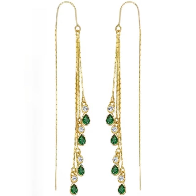 El Regalo Modern Threader Earrings for Women | Long Chain Dangler Earrings with Crystal & Stone Drops | Western Tassel Earrings for Girls | Party Sui Dhaga Thread Earrings (Green Threader)