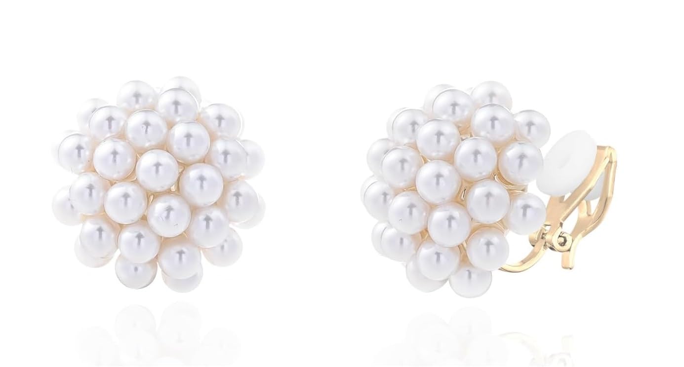 El Regalo Clip-On Pearl Earrings for Women - Vintage Style Non-Pierced Elegant Stud Earrings with Simulated Pearl Cluster - Comfortable & Secure Fake Earrings
