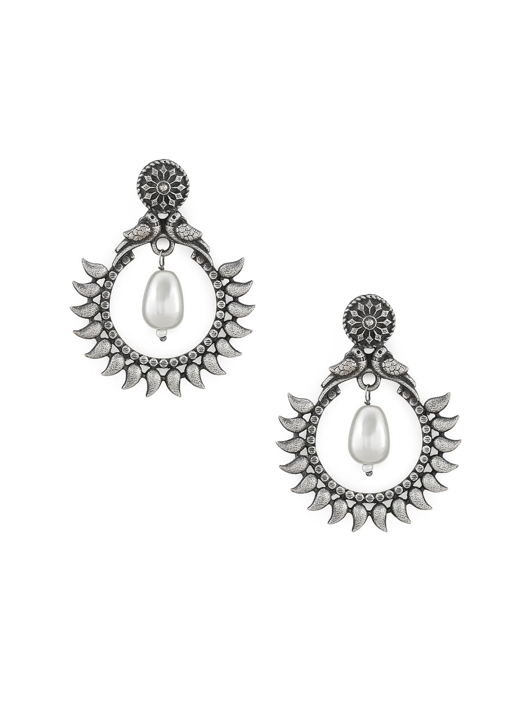 El Regalo Women's & Girl's Traditional Pearl Drop Oxidized Brass Stud Earrings in Antique Silver Finish- Versatile Earrings for Western & Traditional Outfits