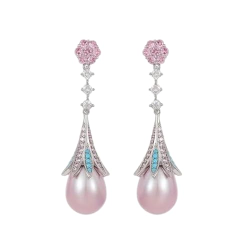 El Regalo Vintage Elegant Palace Style Luxury Pearl CZ Earrings for Women - Shiny Pink Zirconia Bridal Wedding Party Jewelry