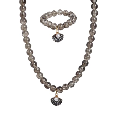 El Regalo 2 PCs Shiny Crackled Beads Kids Girls Necklace & Bracelet Jewelry Sets - Cute Kids Charms Jewelry with Sparkly Beads for Kids/Toddlers Girls (Grey Shell Jewelry)