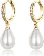 El Regalo Minimalist CZ Pearl Drop Earrings for Women | Korean Style Dangle Hoop Earrings | Gold & Silver Plated Cubic Zirconia Pearl Earrings | Elegant Daily Fashion Jewellery for Girls (Silver- Drop)