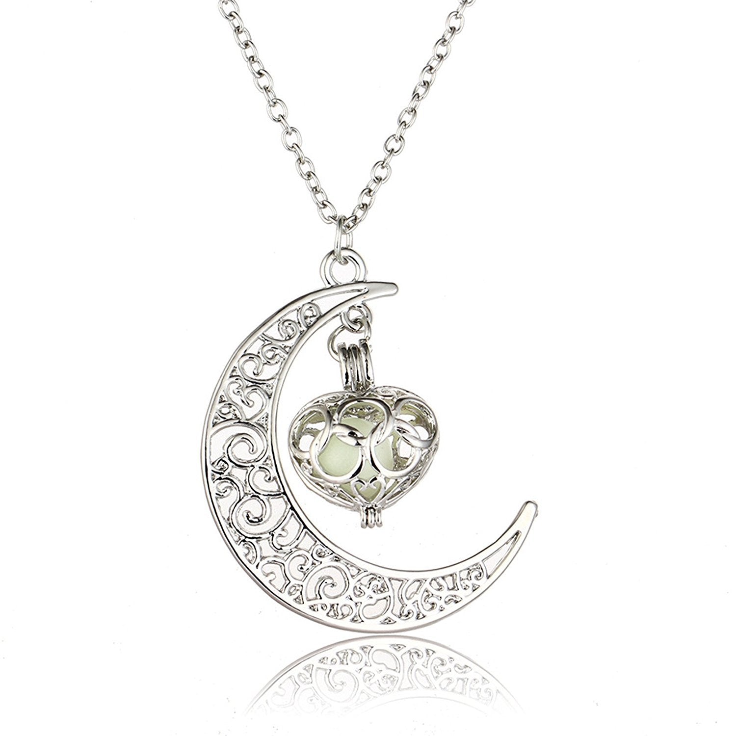 El Regalo Valentine's day gift-Glow In The Dark Moon with hanging Heart Pendant Necklace | Frozn Forest 925 Silver Plated Girls Pendant Necklace
