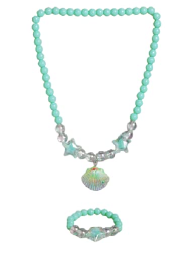 El Regalo 1 Pair Girls Kids Colorful Jewelry Sets | Colorful Princess Star/Mermaid Beaded Necklace & Bracelet Sets, Princess Necklace Bracelet Set for Girls (Grassy Green Shell Jewelry Set)