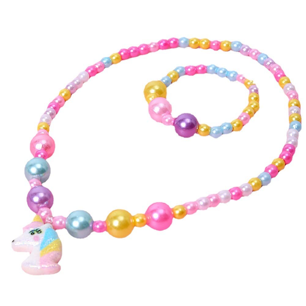 El Regalo 2 PCs Kids Girls Colorful Jewelry Sets - Kids Candy Color Unicorn, Mermaid, Rainbow themes based Necklace & Bracelets Sets for Girls & Toddlers (Colorful Beads Unicorn)
