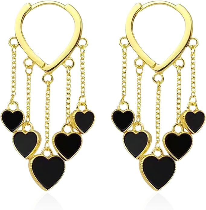 El Regalo Love Hearts Tassel Hoop Earrings for Women/Girls- Heart Huggie Hoop Chains Earrings (Gold)