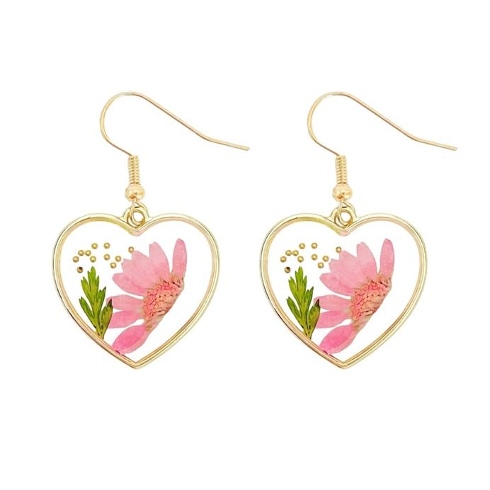 El Regalo Beautiful Transparent Heart Dried Flower Earrings for Women | Handmade Real Dried Floral Resin Dangle Earrings | Lightweight Bohemian Style Camellia Flower Earrings | Elegant Jewelry Gift (style-2)