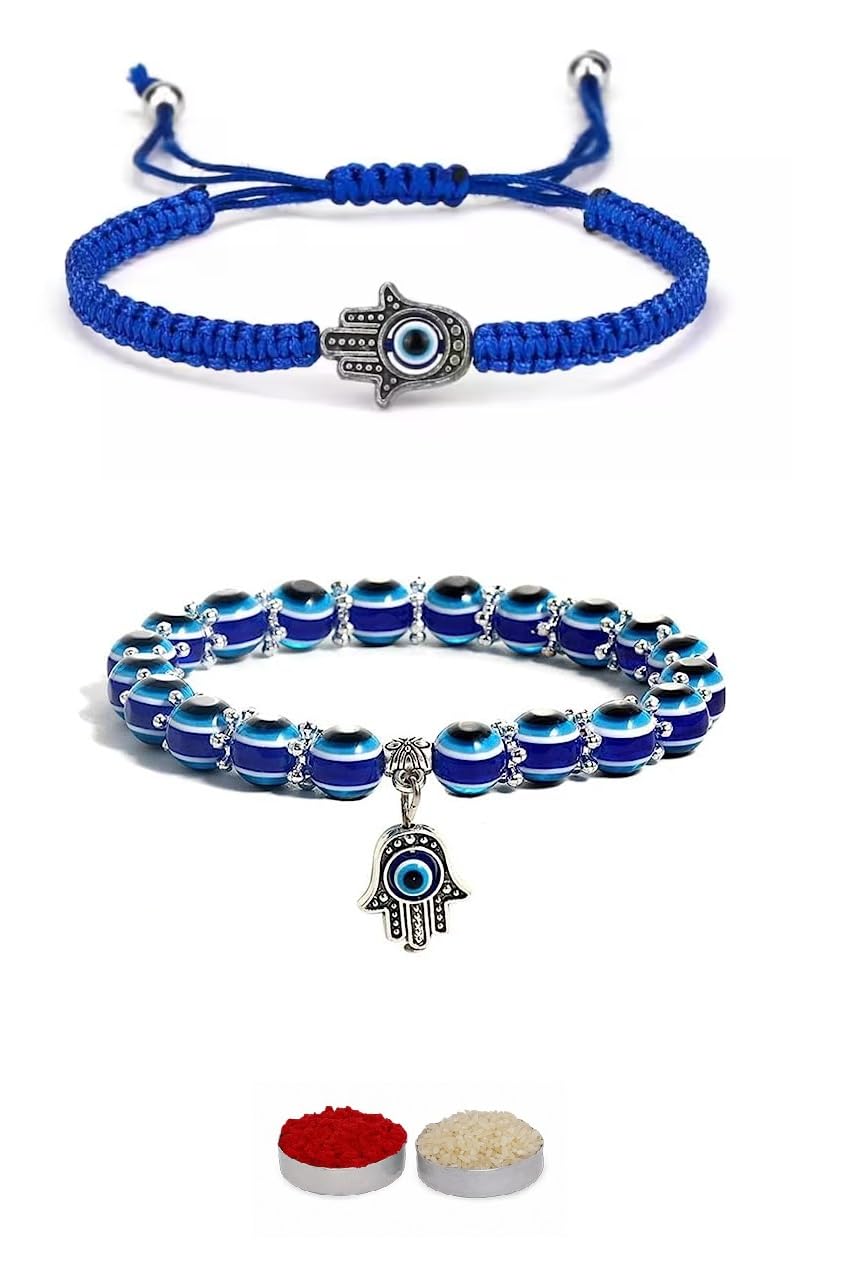 El Regalo 2 PCs Evil Eye Hamsa Hand Couple Rakhi Set for Bhaiya & Bhabhi- Bhaiya Bhabhi Rakhi Combo with Roli Chawal, Rakhi Message Card in Rakhi Gift Box (Option-2)