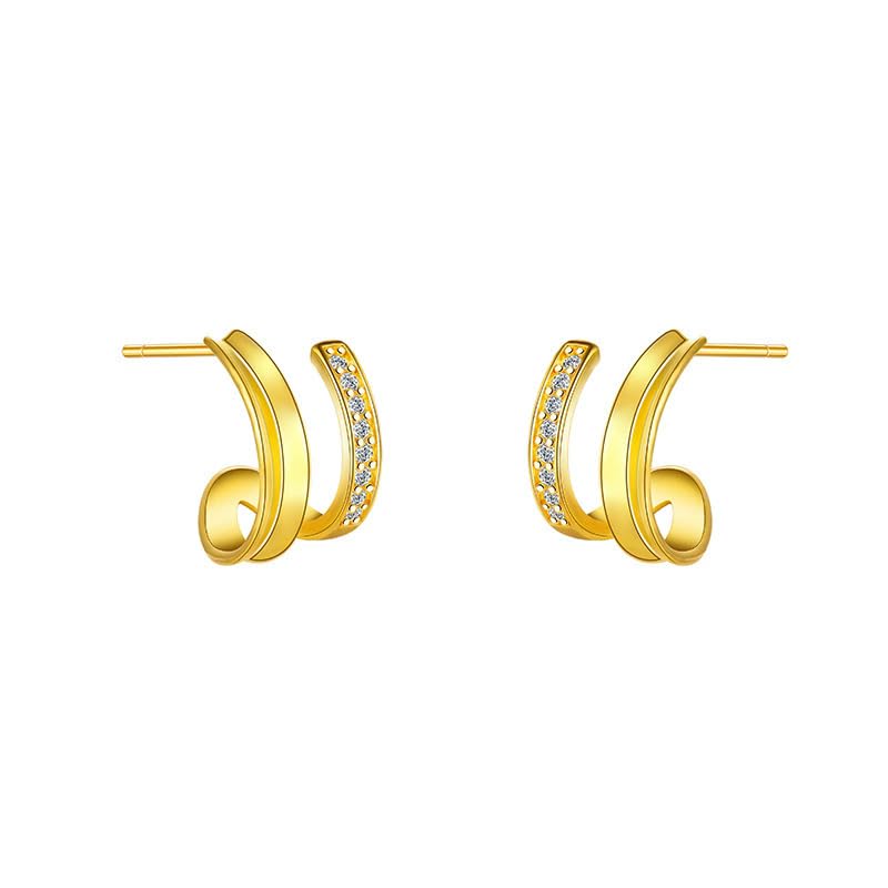 El Regalo Cute Double C-Shaped Gold Plated Stud Earrings for Girls & Women | Western Dual Layered Hoop Spiral Studs | Minimalist Cubic Zirconia Jewelry